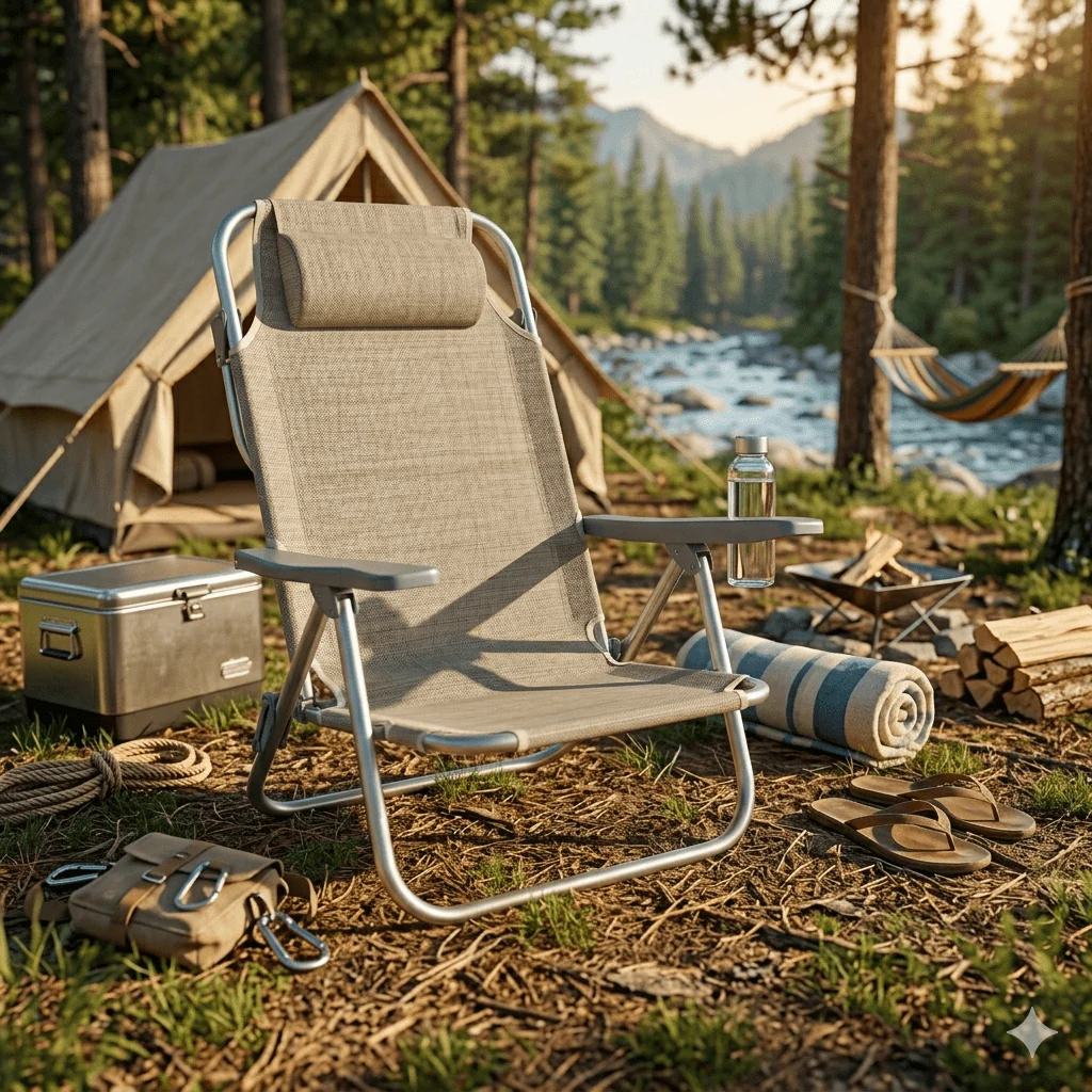 Spiaggina PRO Mare Beige Pieghevole in Alluminio con Poggiatesta Xone - Image 4